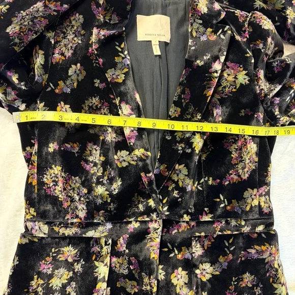 Rebecca Taylor Jewel Floral Print Velvet Blazer Size 4 Pockets Pleated shoulder